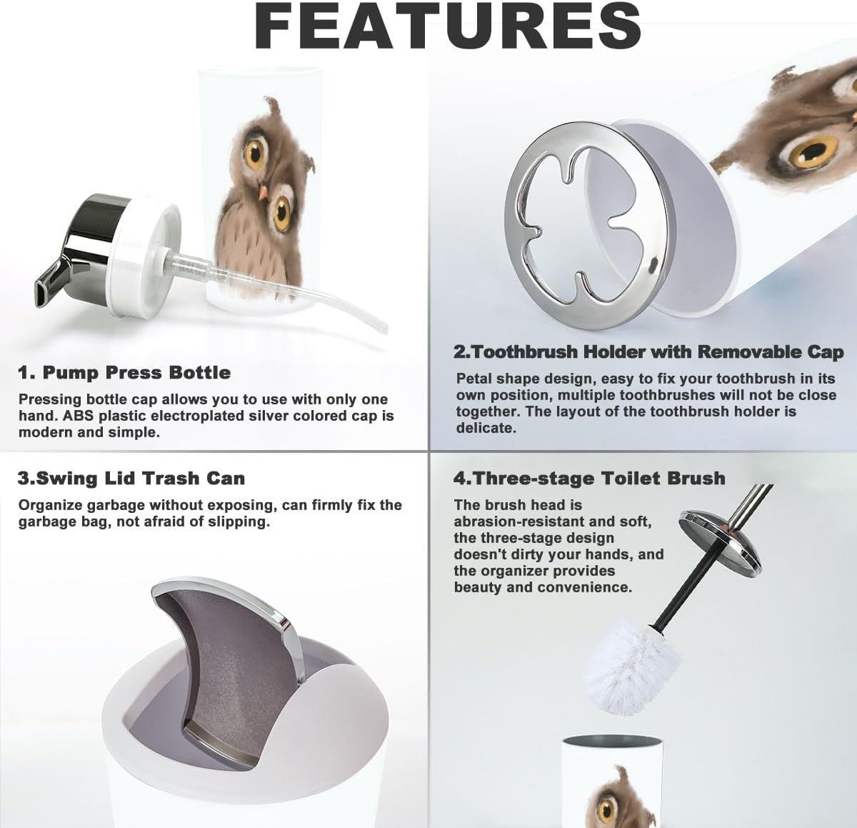Bathroom Accessor Set CD Owl-Themed 6-Piece Collection