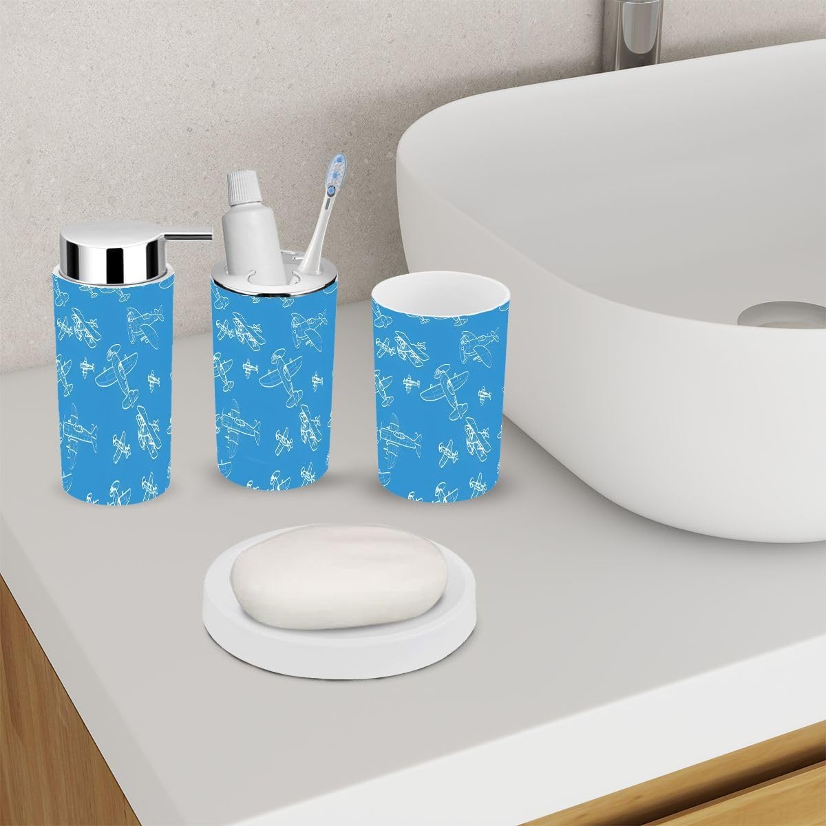 Stylish Airplane-Themed 6-Piece Bathroom Accessory Set with Durable Pvc Material