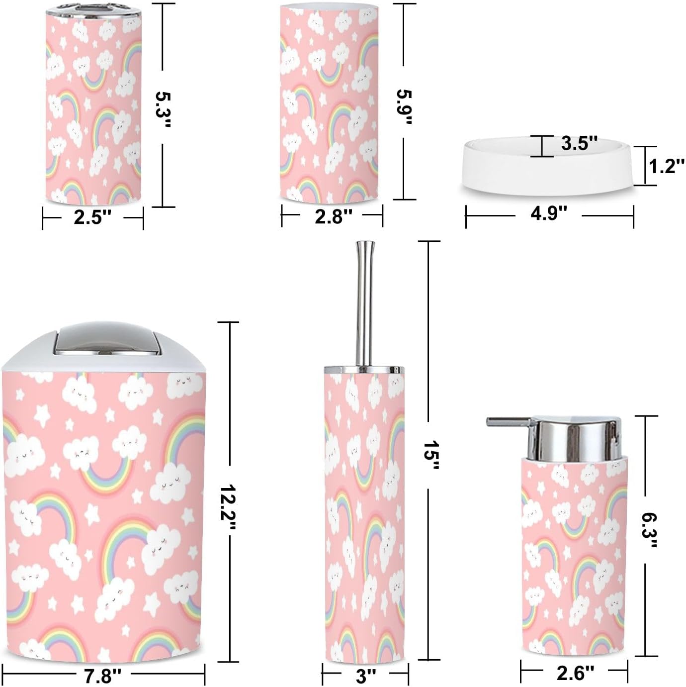 6-Piece Bathroom Set Cloud Rainbow Cartoon Pink Sky for Kids