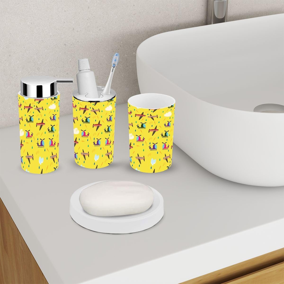 Kids Bathroom Accessory Set 6 Piece Airplanes Helicopters Vehicles Feathers Pattern