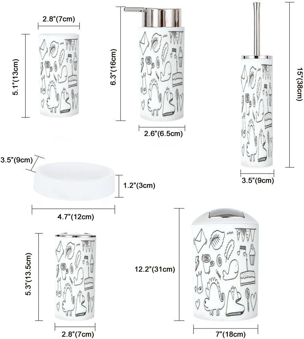 Stylish 6-Piece White Hand Drawn Kids Doodle Bathroom Accessory Set