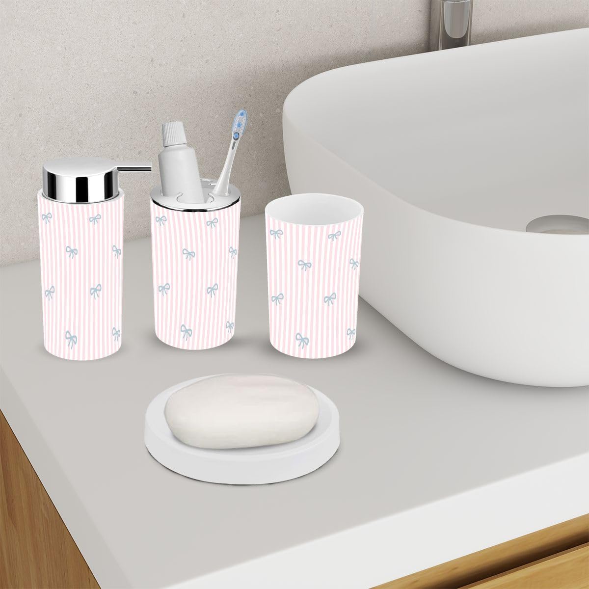 6-Piece Preppy Cartoon Bath Accessory Set - Durable Stylish