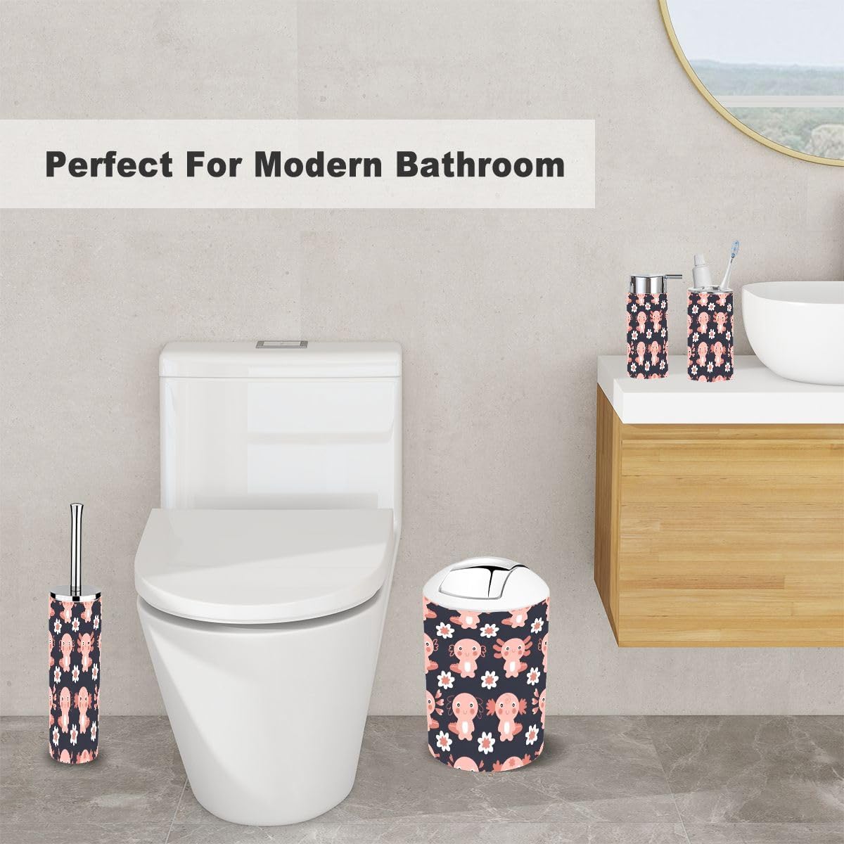 XNGJEMVWXOCompact bathroom accessory set with seamless patternaxolotls and flowers