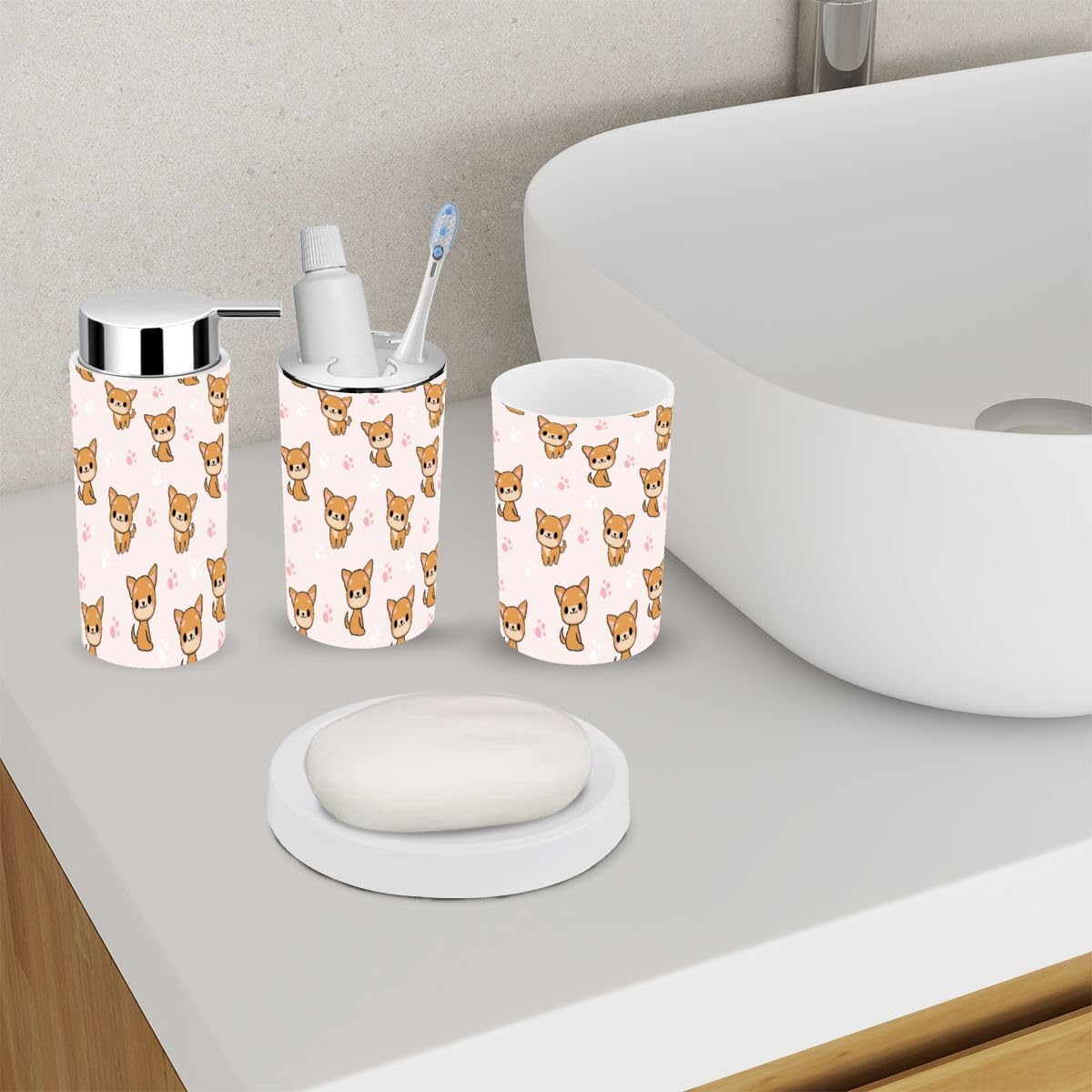 6 Piece Cute Kawaii Dogs Bathroom Accessory Set
