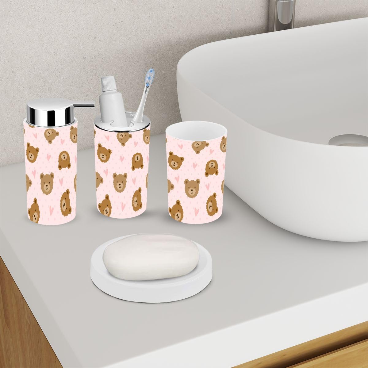 Sturdy 6-Piece Bathroom Accessories Set with Brown Teddy Bear Design