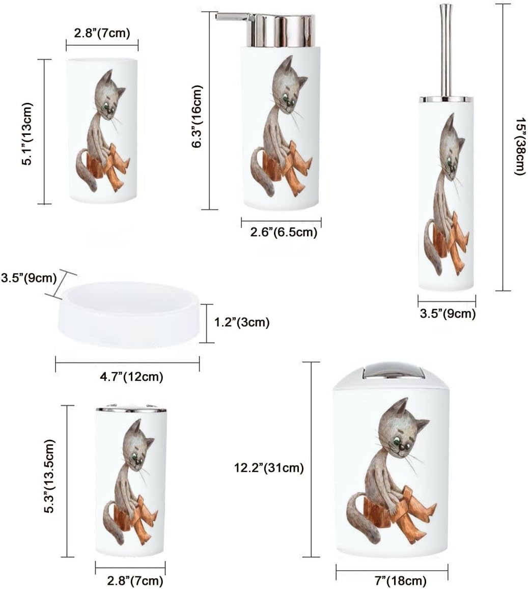 6 Piece Bathroom Accessory Set with Funny Cat Design