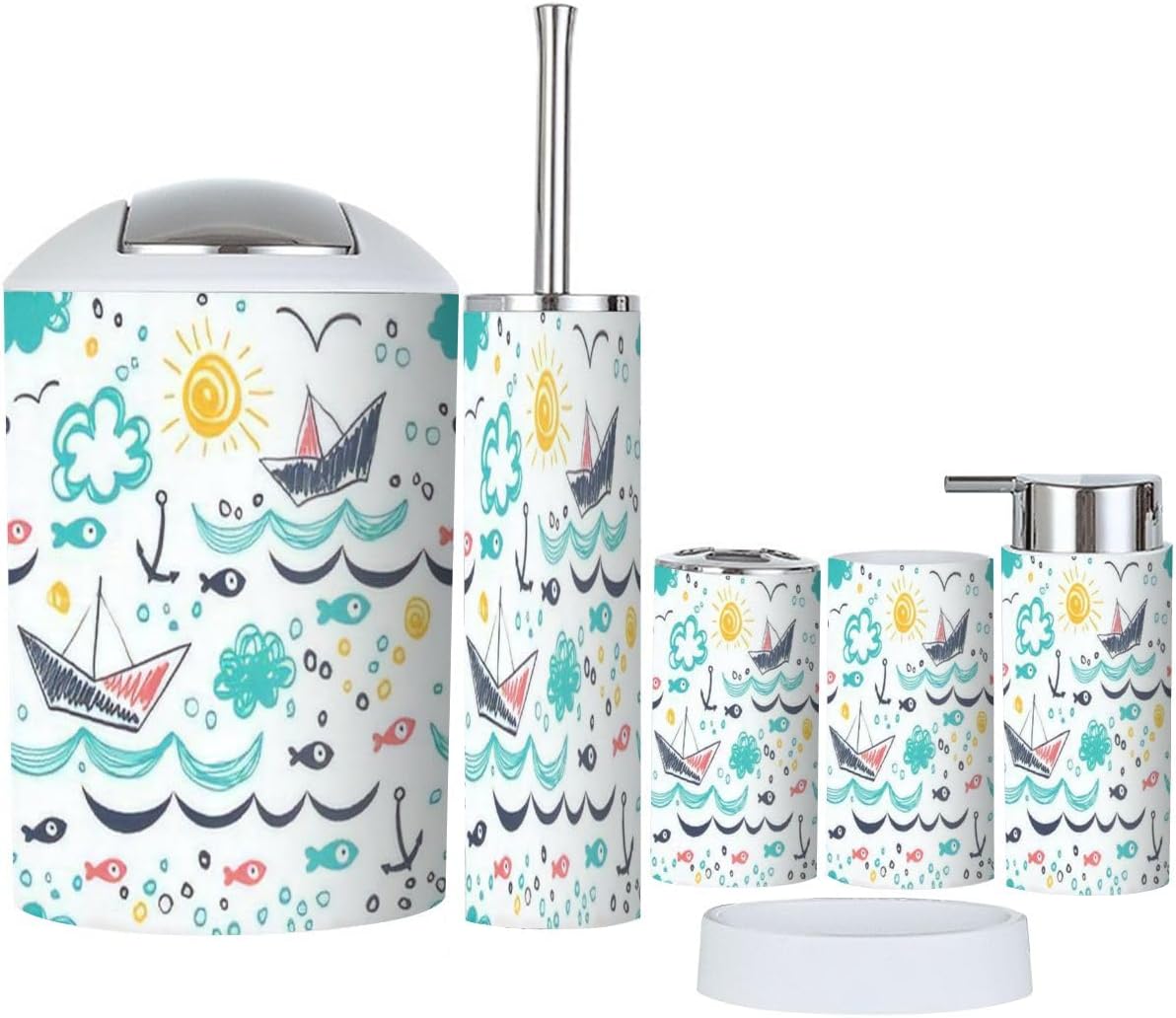 Bathroom Accessory Set 6-Piece Seamless Pattern for Kids Durable Practical