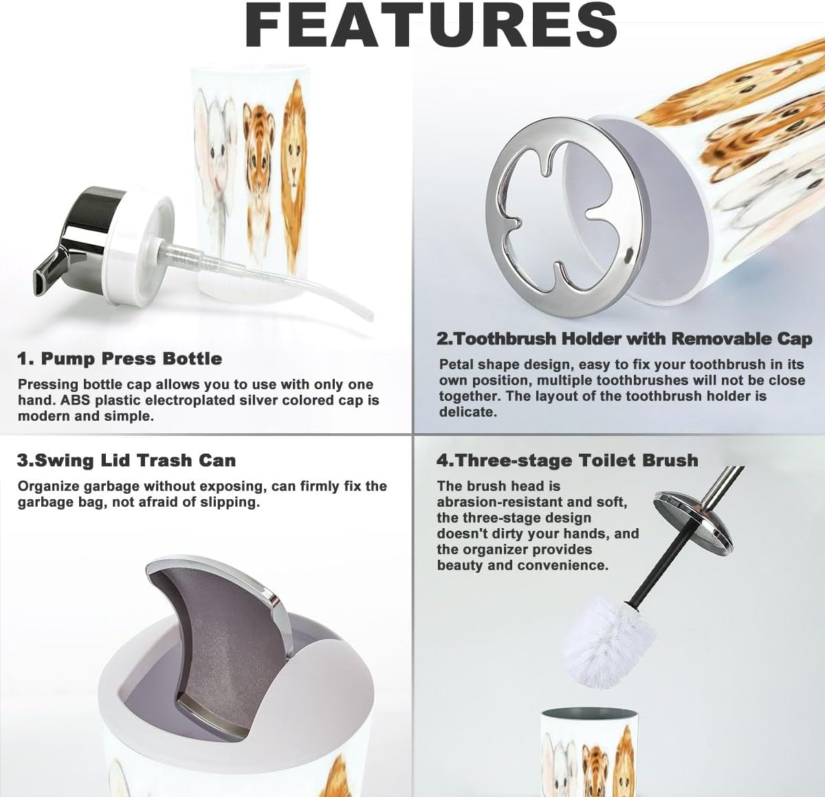 6 Piece bathroom accessory set with funny animal theme