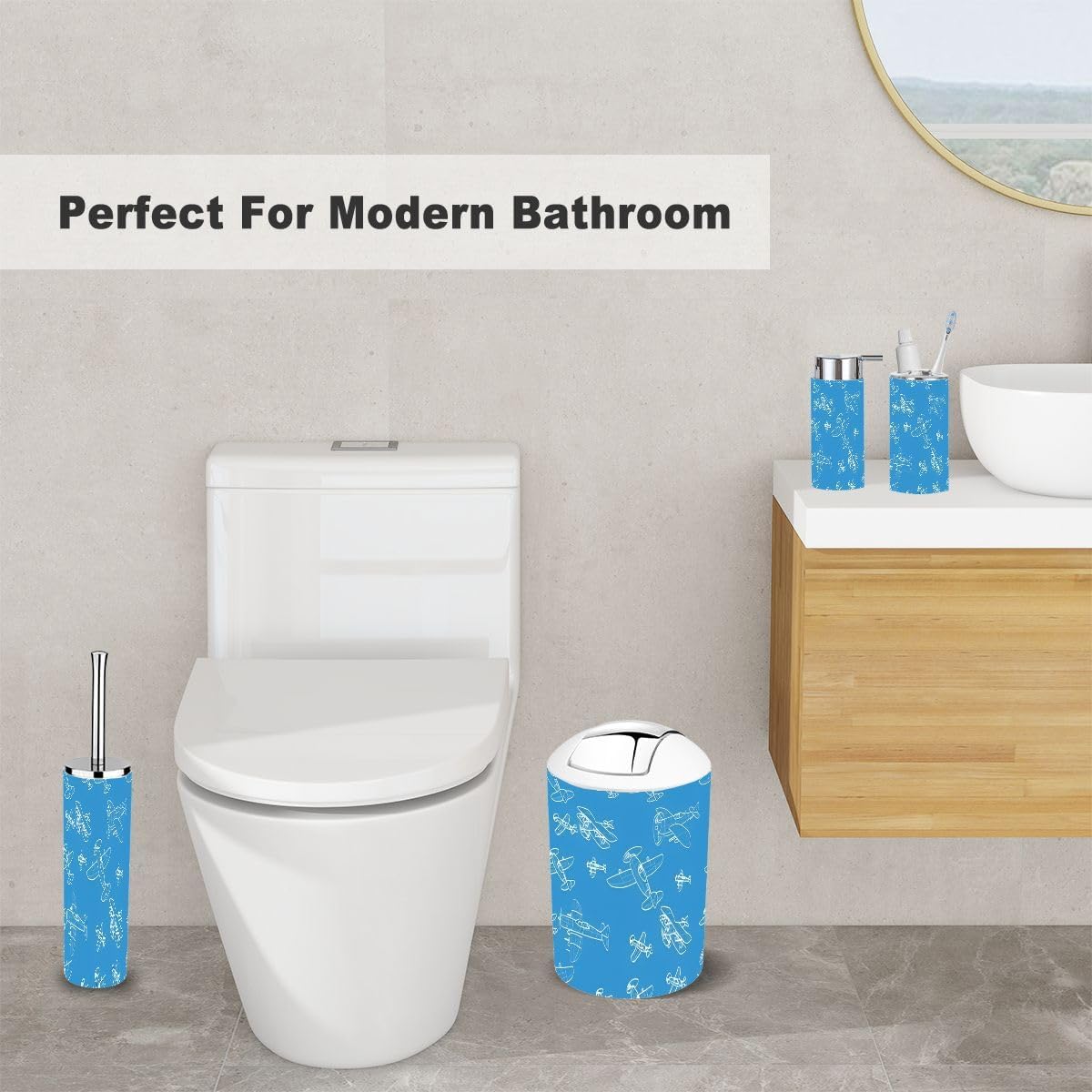 Stylish Airplane-Themed 6-Piece Bathroom Accessory Set with Durable Pvc Material