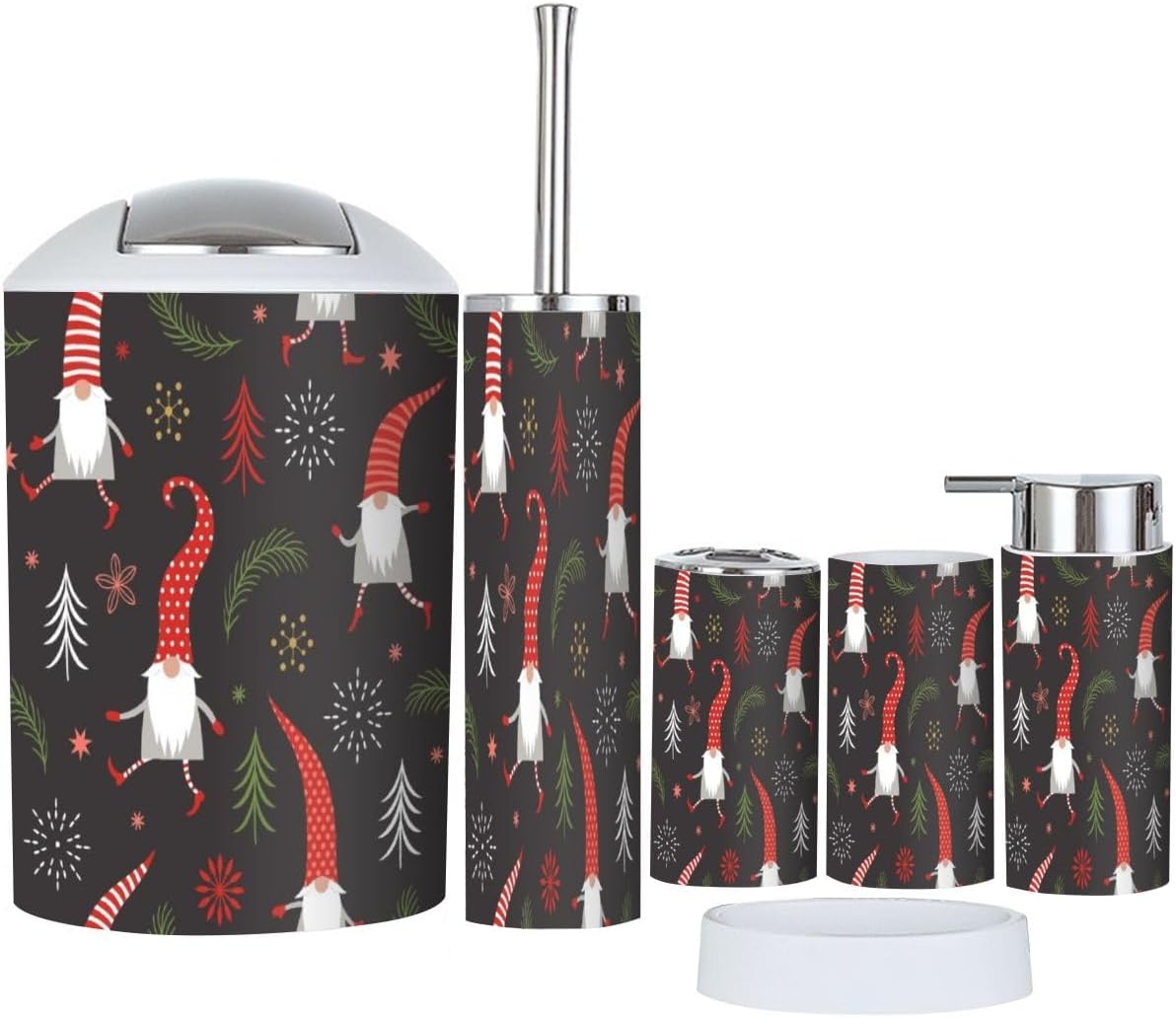 Festive 6-Piece Bathroom Accessory Set with Christmas Gnomes Red Design