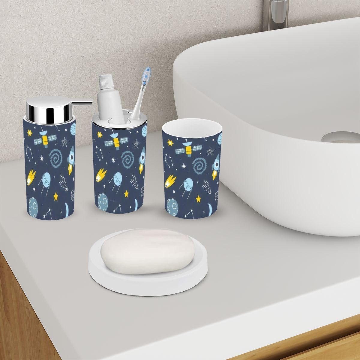 Bathroom Ends Accessory Set - 6-Piece Blue Baby Cosmic Seamless Print