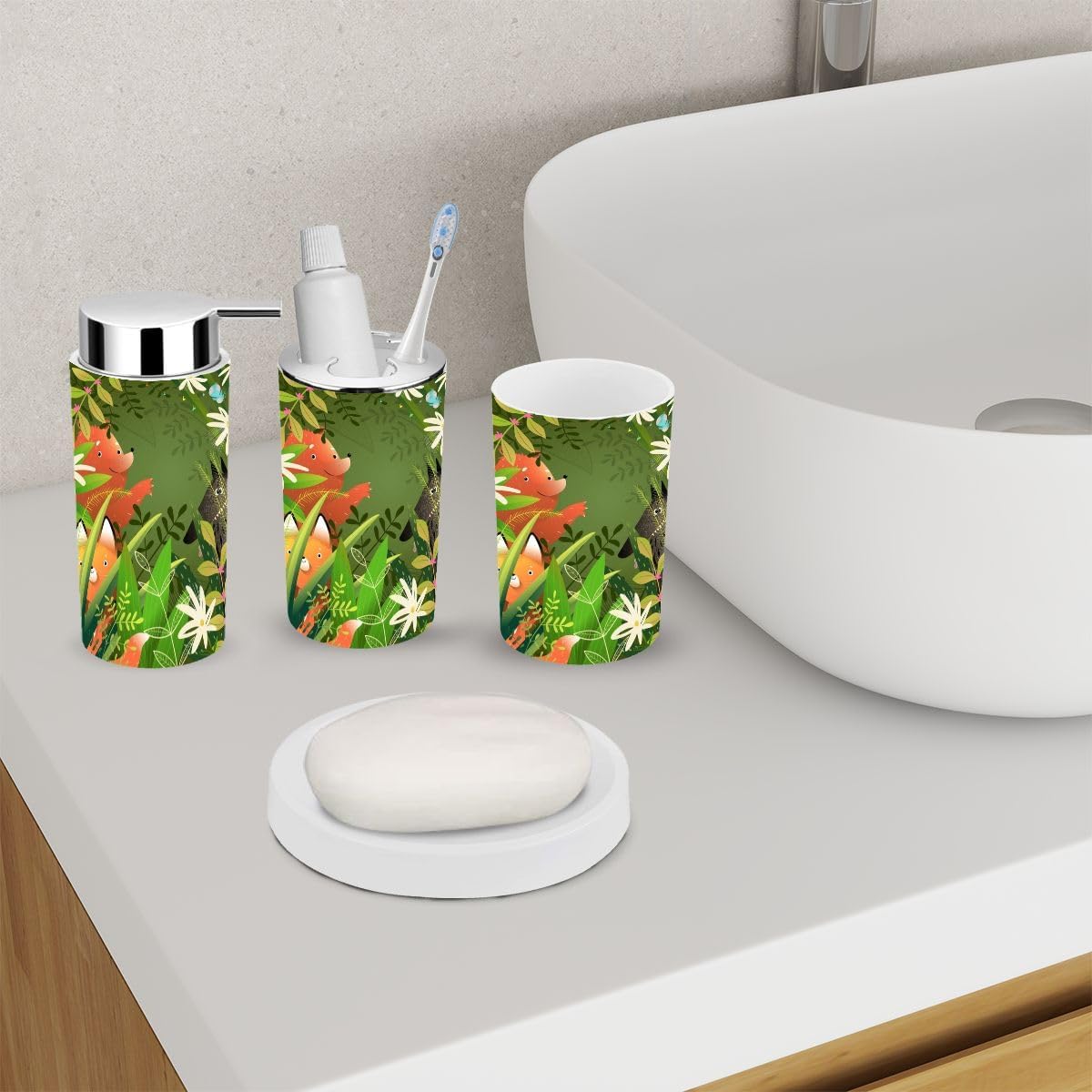 Cute Forest Animals Bathroom Accessory Set 6 Piece