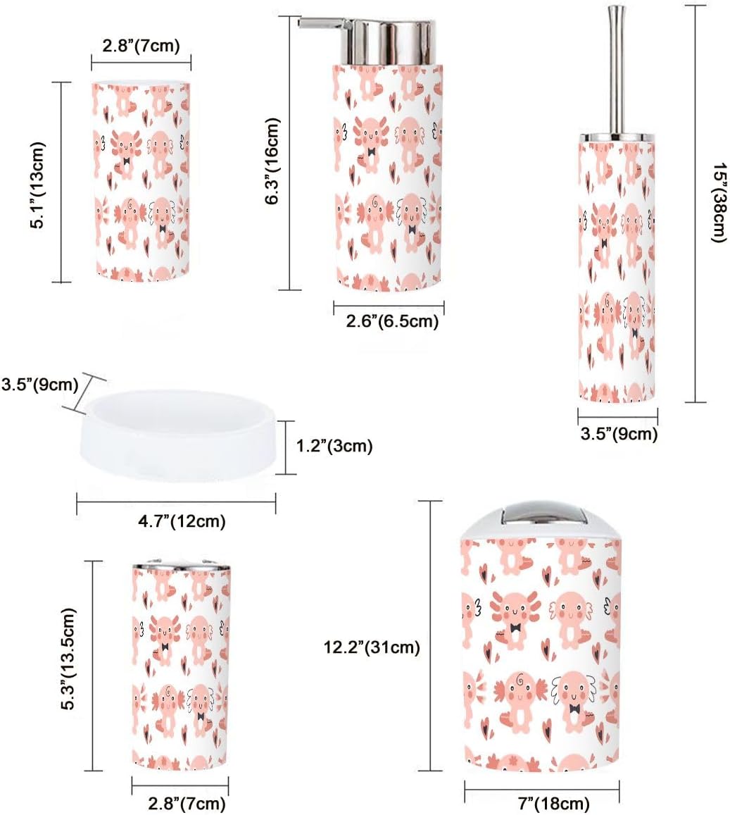 Bathroom Accessory Set with Axolotls and Hearts Design