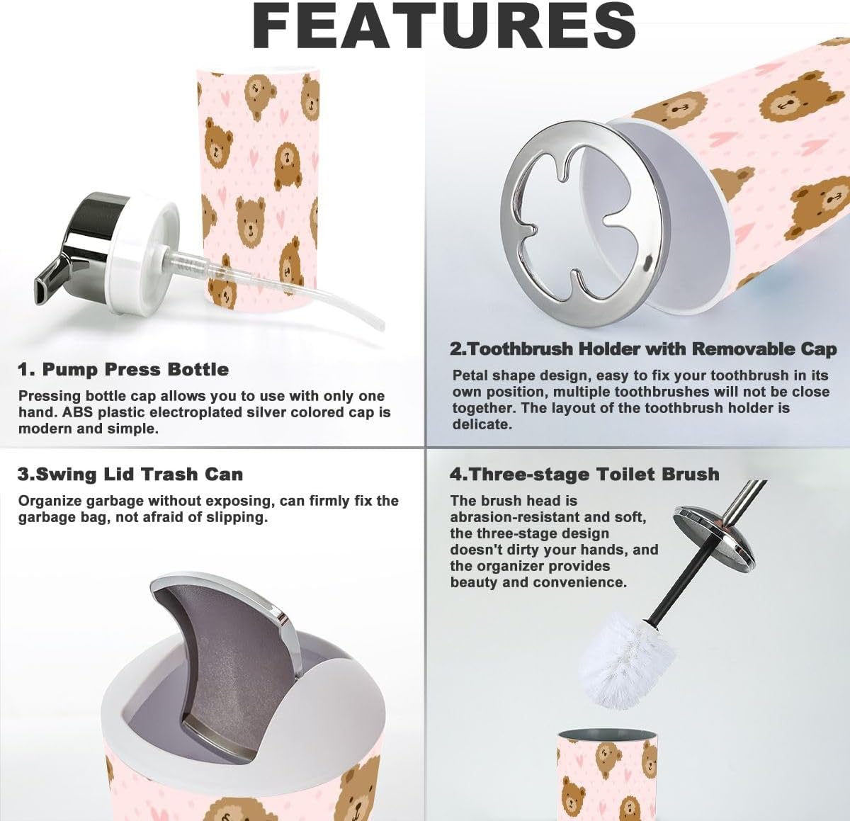 Sturdy 6-Piece Bathroom Accessories Set with Brown Teddy Bear Design