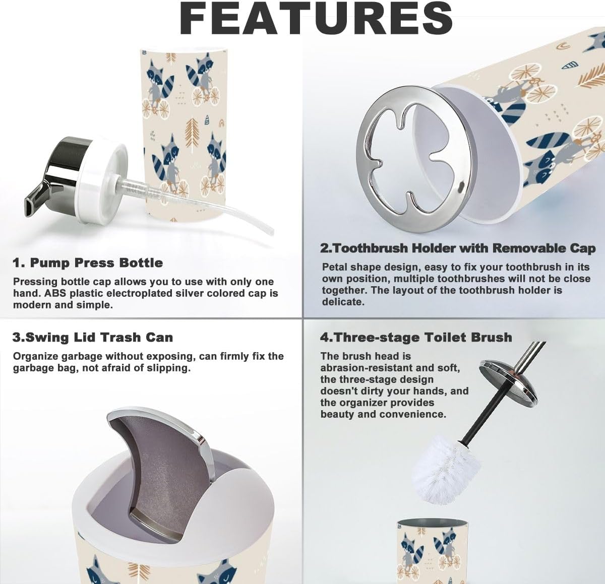 6-PiecePVC Bathroom Accessory Set Childish Pattern Raccoon Onesies Forest Background