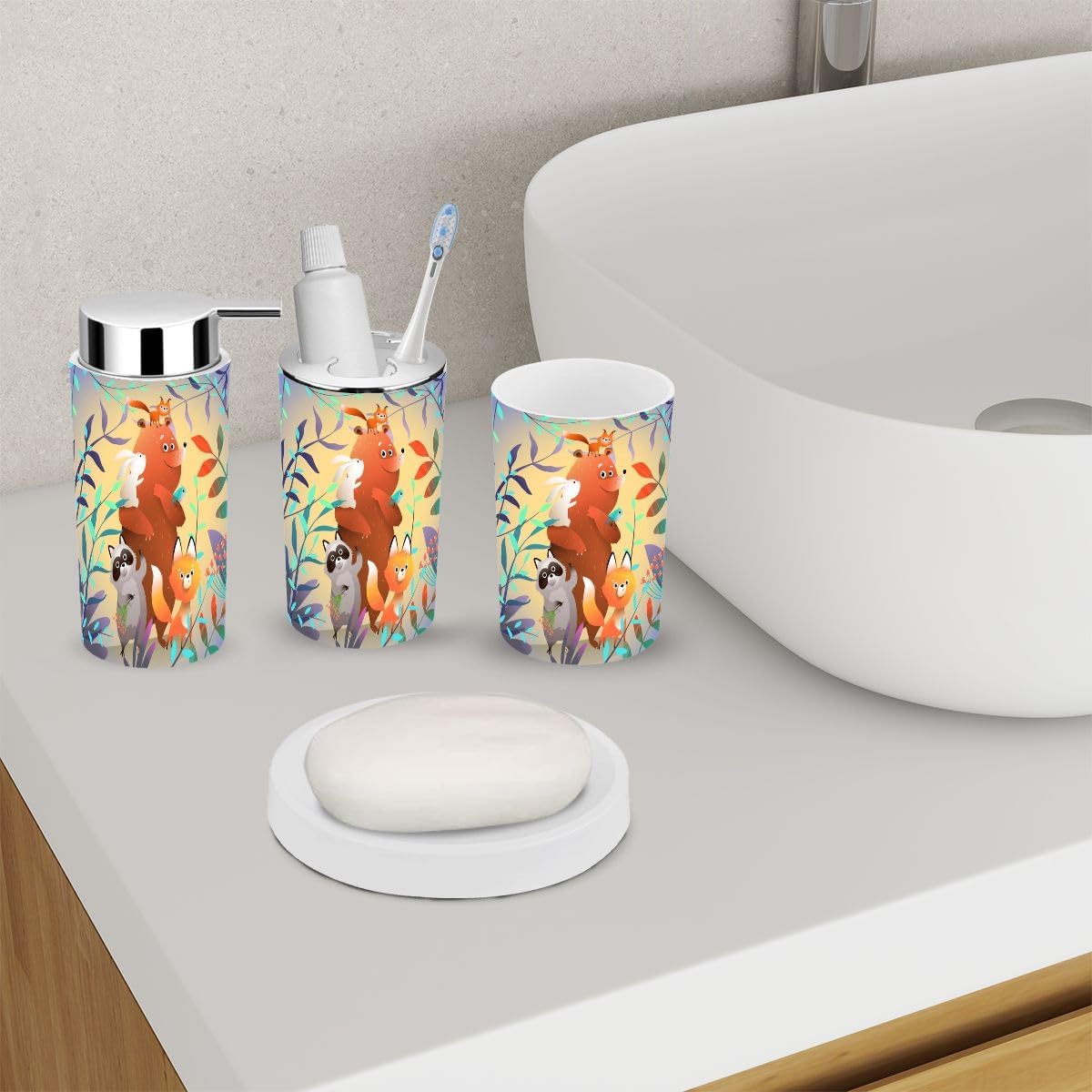 6-Piece bath accessories featuring forest animal characters
