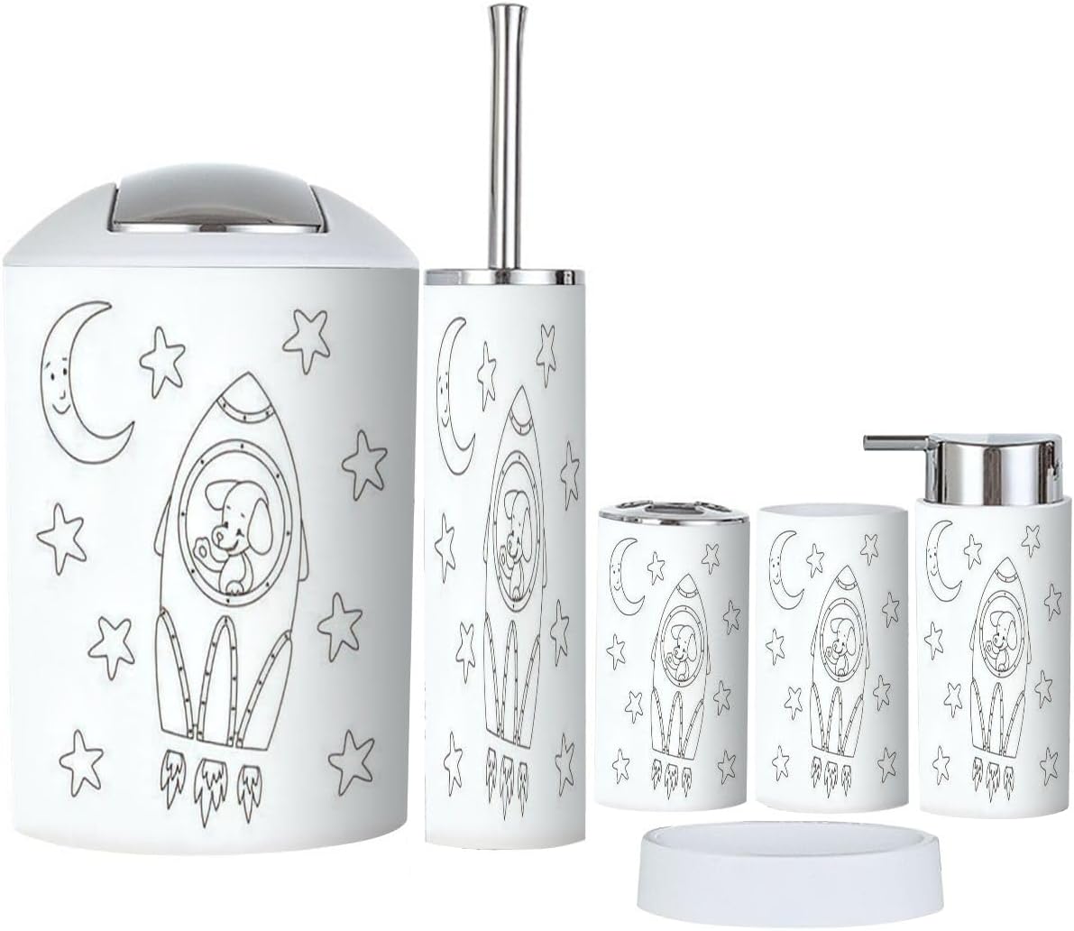 White Rocket-Themed 6-Piece Bathroom Accessories Set
