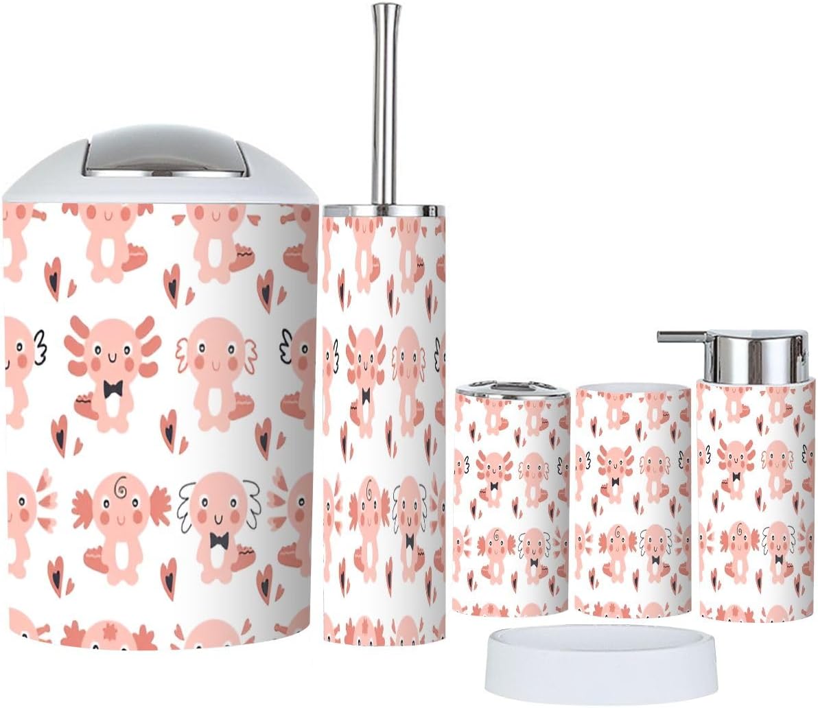 Bathroom Accessory Set with Axolotls and Hearts Design