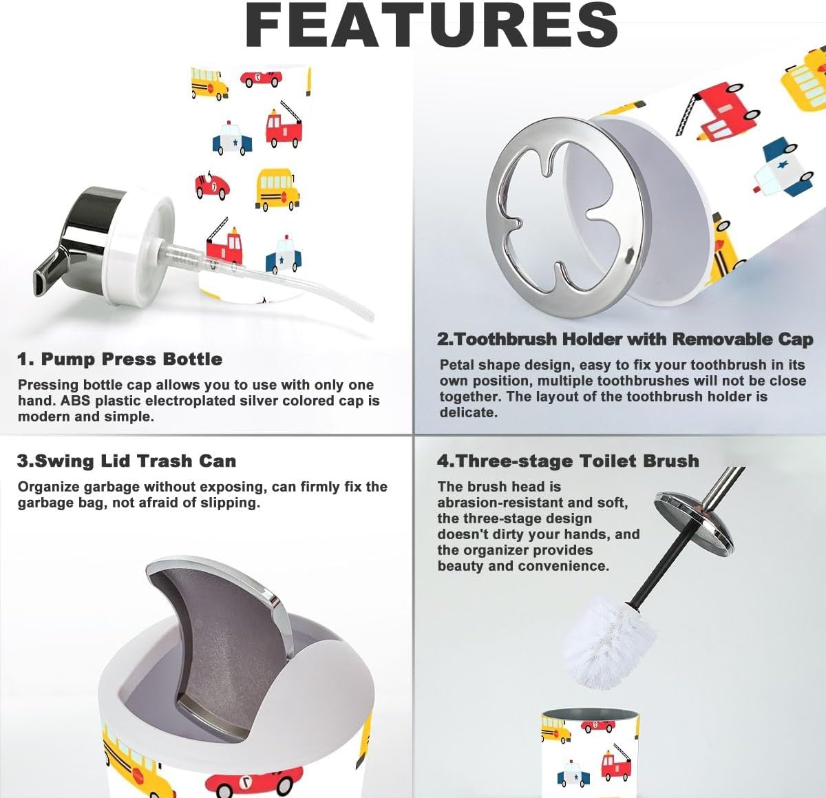 6 Piece Bathroom Accessory Set with Cartoon Cars Design