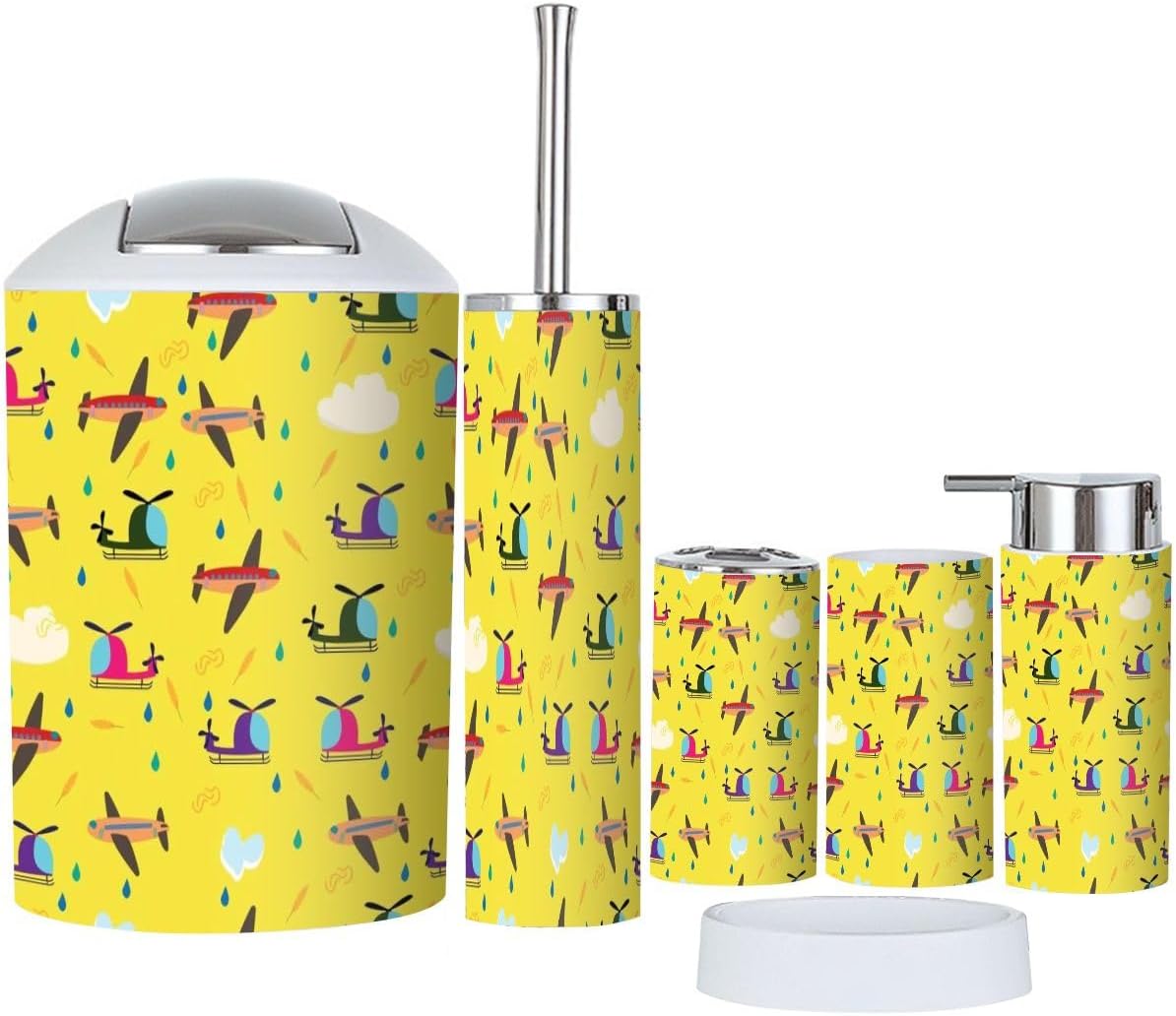 Kids Bathroom Accessory Set 6 Piece Airplanes Helicopters Vehicles Feathers Pattern