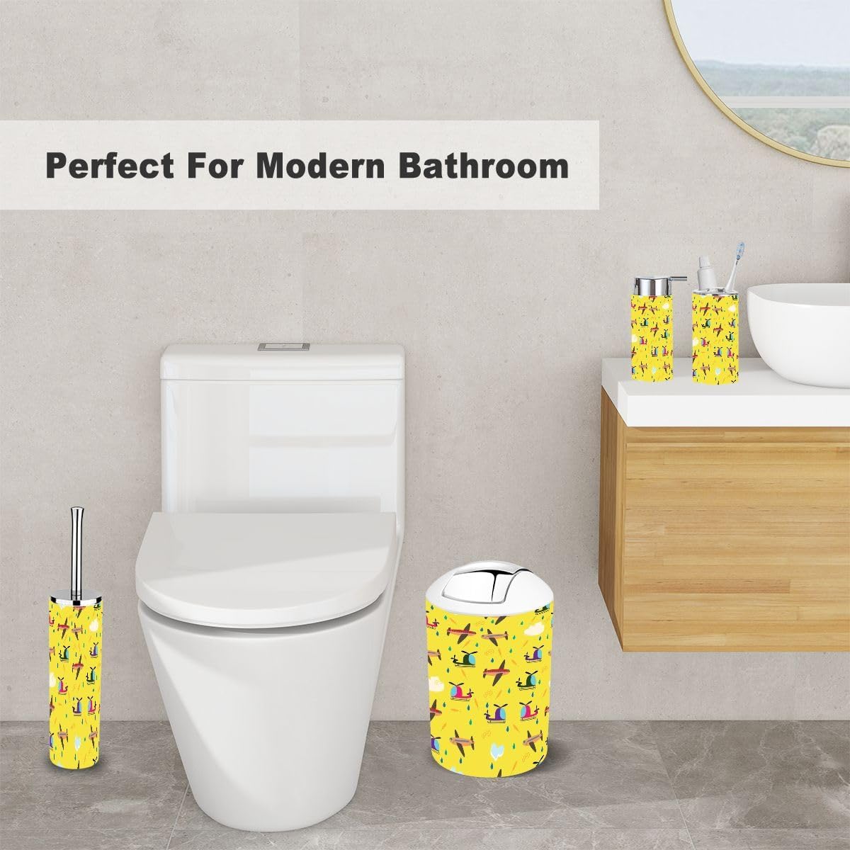 Kids Bathroom Accessory Set 6 Piece Airplanes Helicopters Vehicles Feathers Pattern