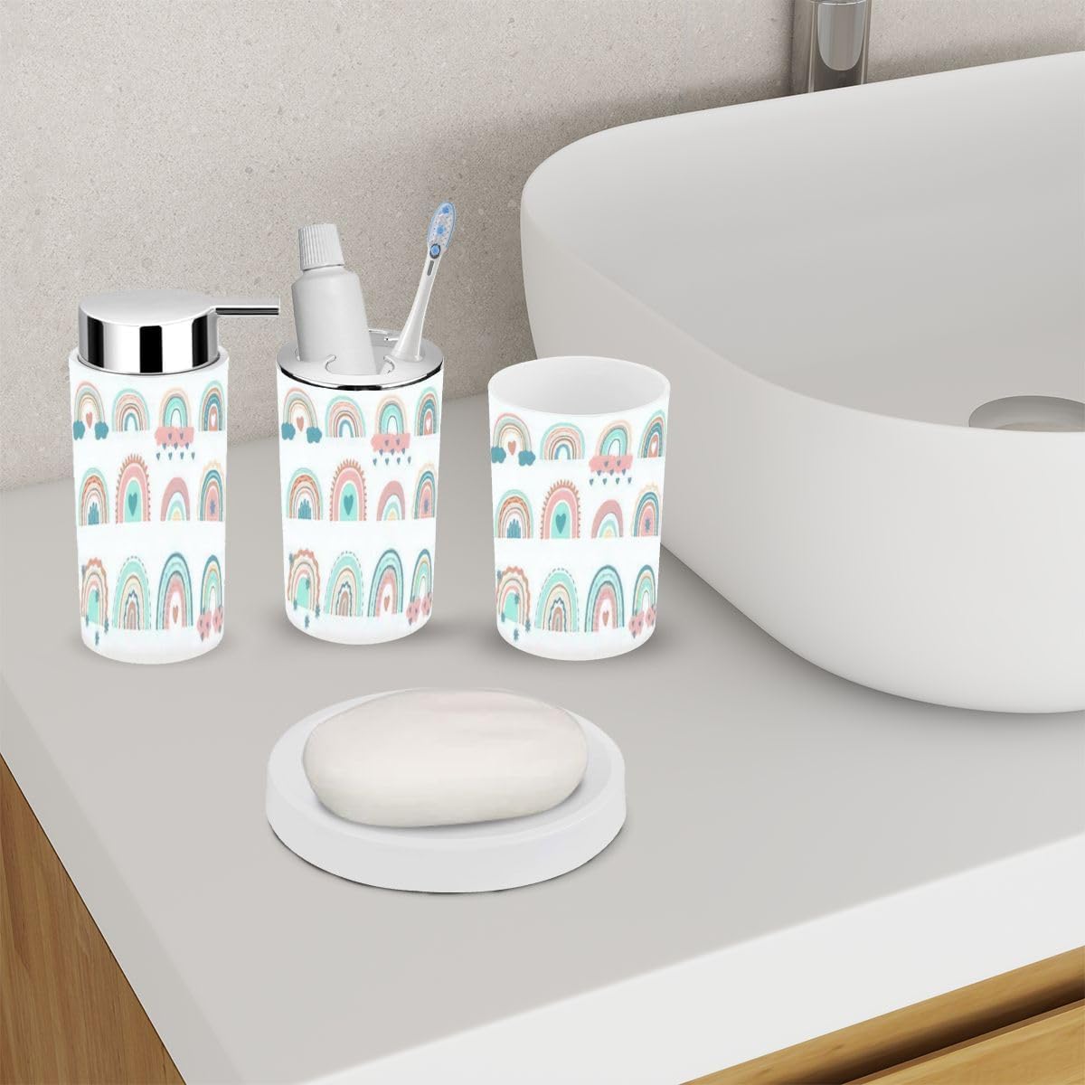 Perfect 6-Piece Bathroom Set Including Cute Rainbows for Kids and Adults