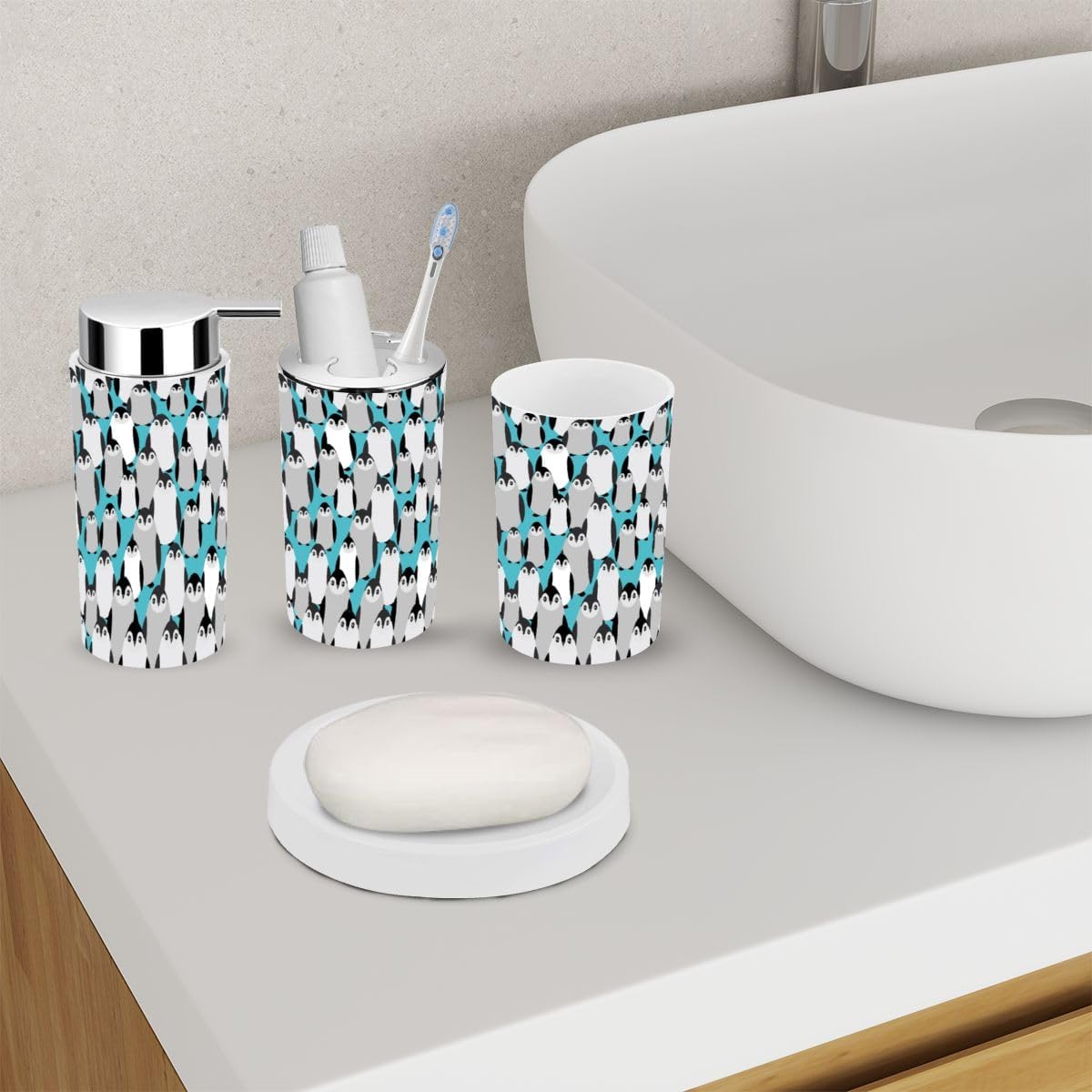 6-Piece Funny Penguins Pattern Toothbrush Soap Organizer Set