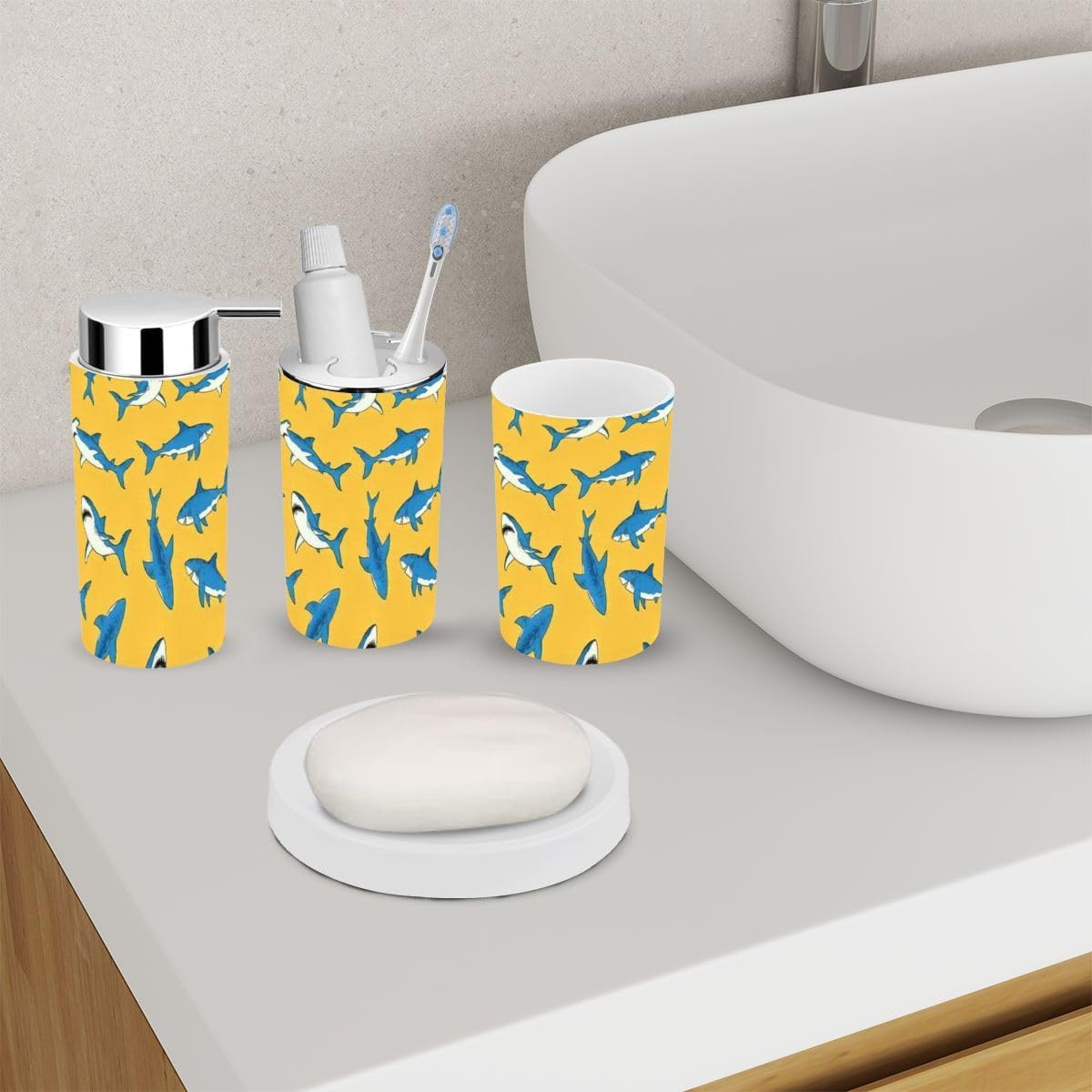 6-Piece Bathroom Set with Shark Pattern Looking Good