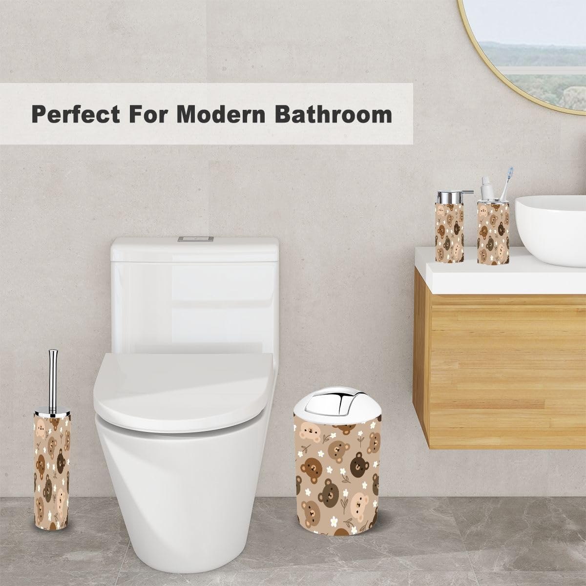Bathroom Accessory Set 6 Piece - Cute Eco-Friendly Stylish Organized Durable Functional
