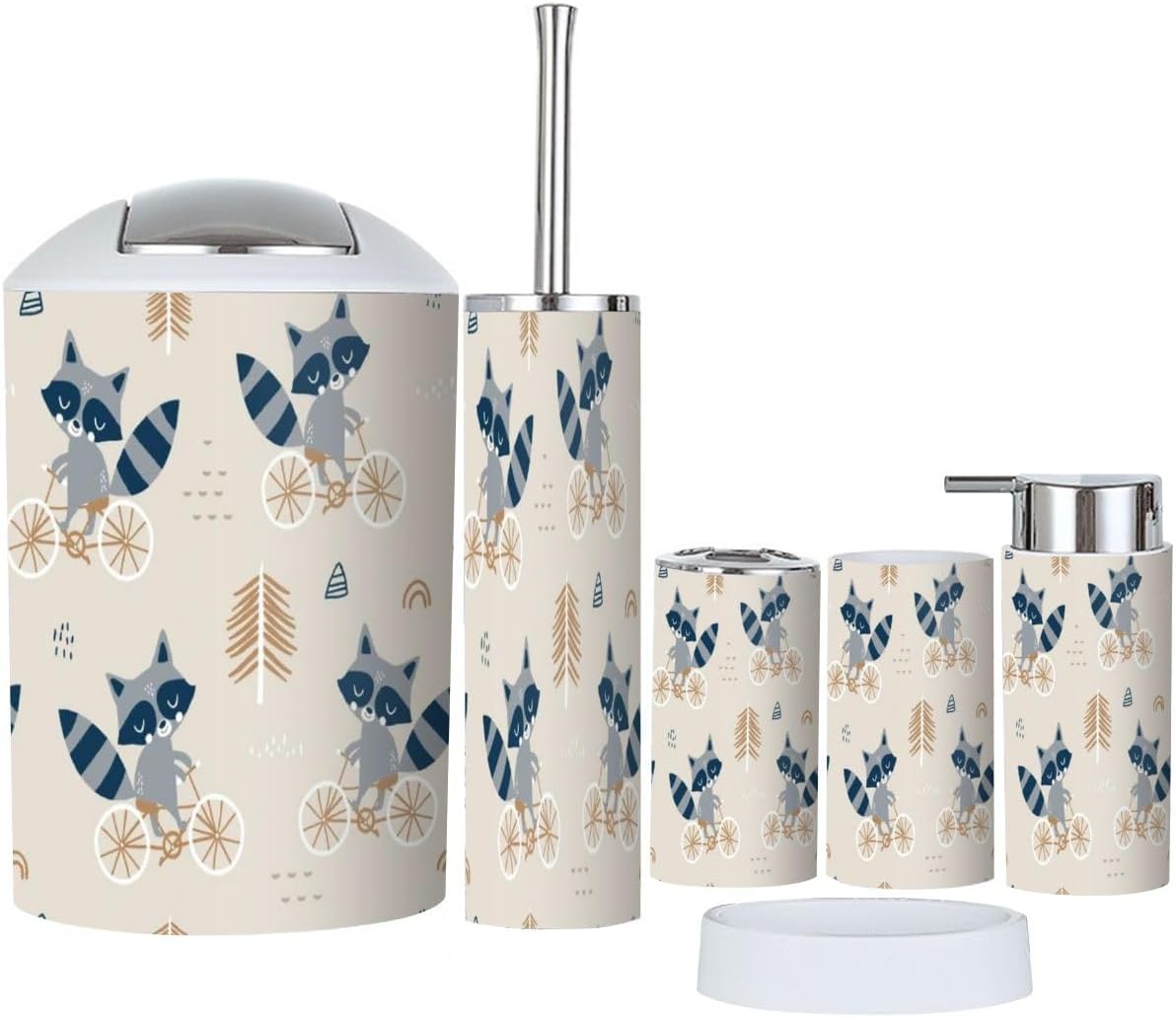 6-PiecePVC Bathroom Accessory Set Childish Pattern Raccoon Onesies Forest Background