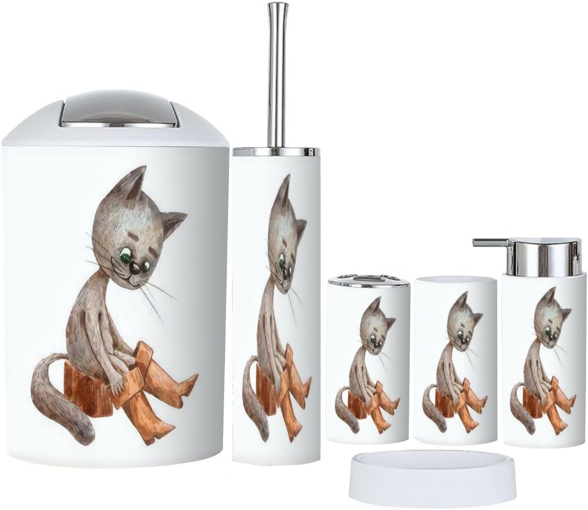 6 Piece Bathroom Accessory Set with Funny Cat Design