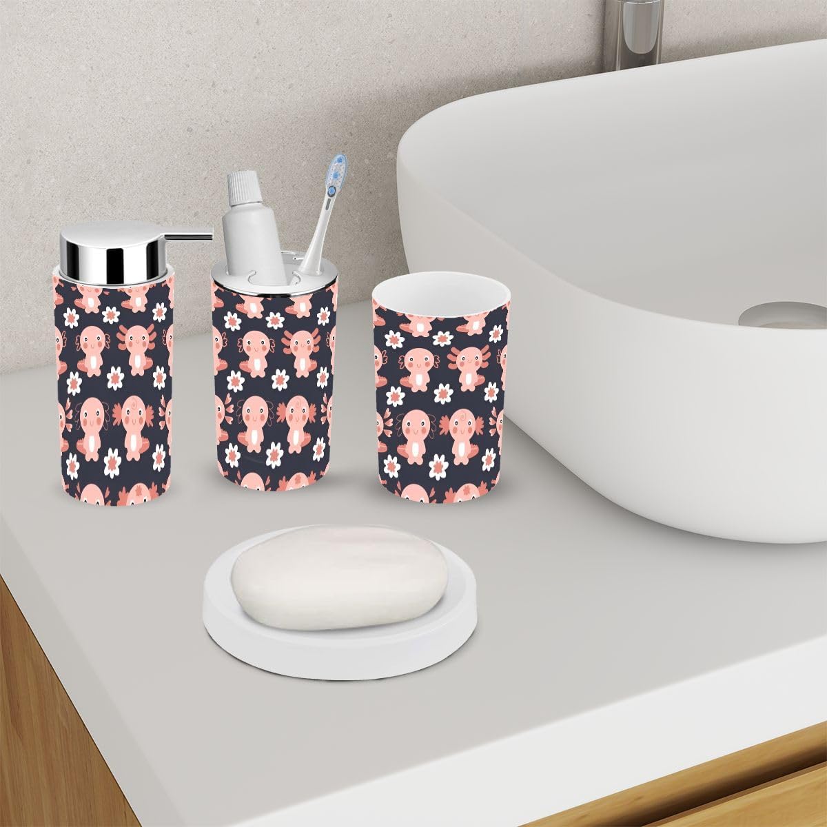 XNGJEMVWXOCompact bathroom accessory set with seamless patternaxolotls and flowers