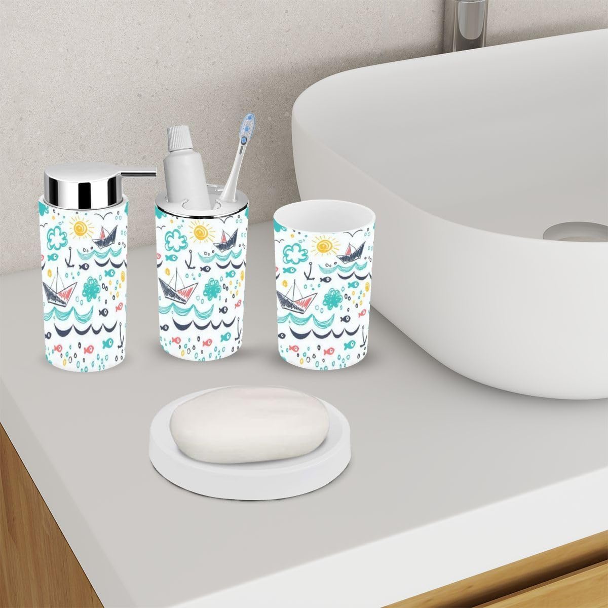 Bathroom Accessory Set 6-Piece Seamless Pattern for Kids Durable Practical