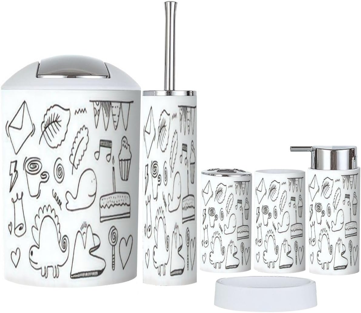 Stylish 6-Piece White Hand Drawn Kids Doodle Bathroom Accessory Set