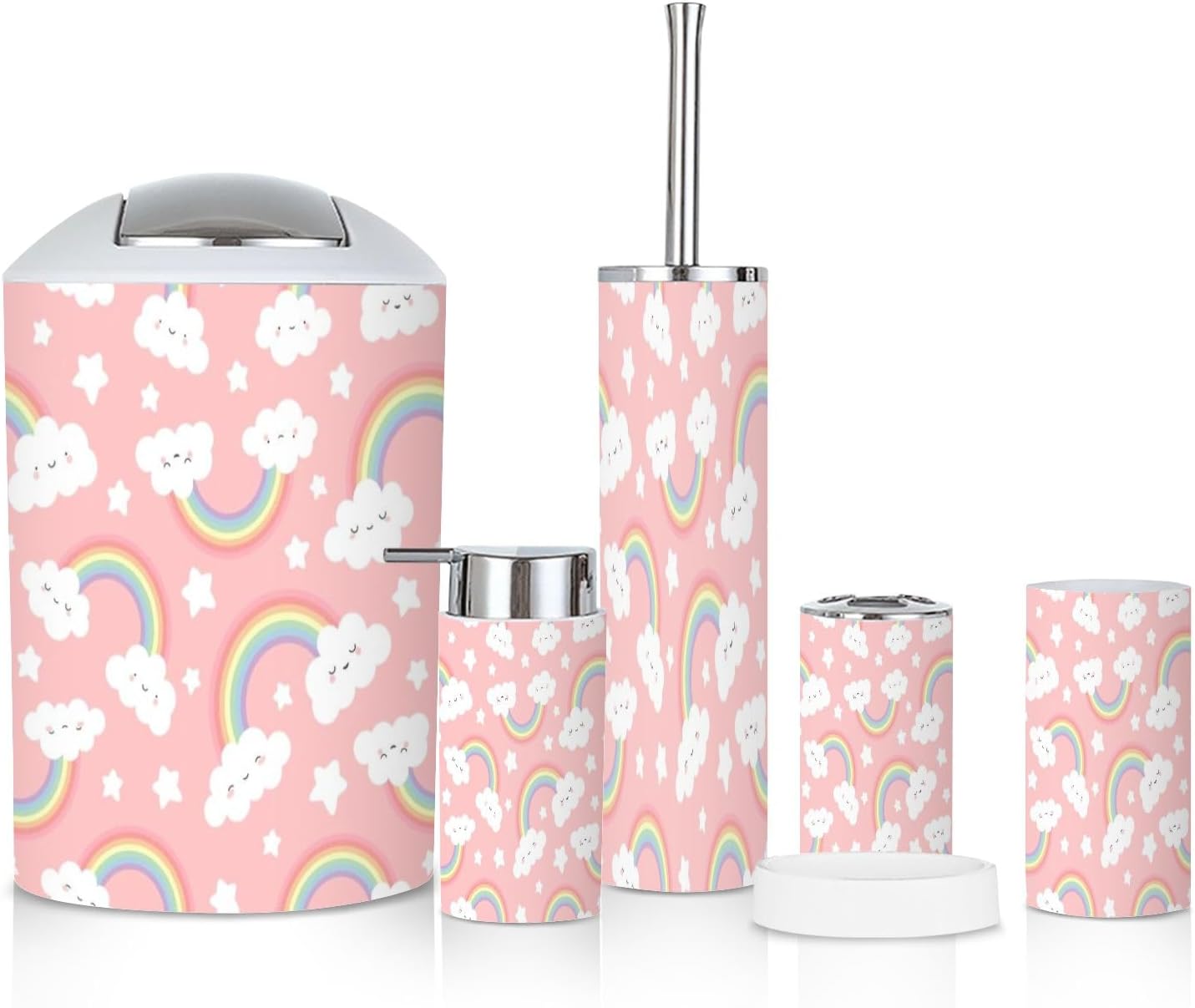6-Piece Bathroom Set Cloud Rainbow Cartoon Pink Sky for Kids