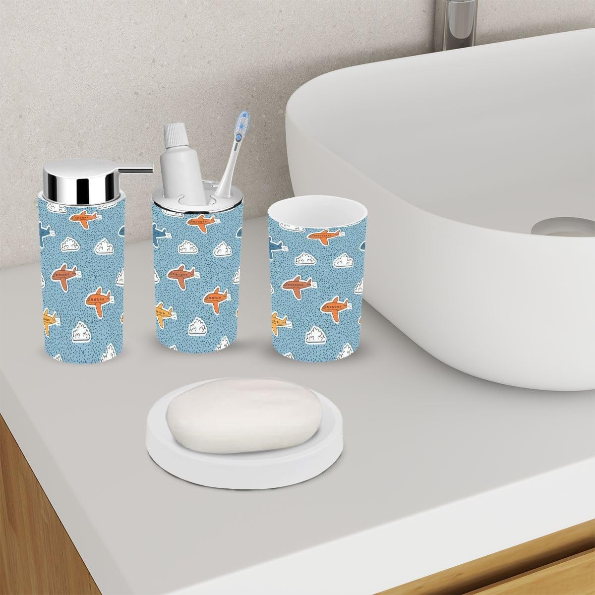 6-Piece Retro Airplane Clouds Bathroom Accessory Set for Kids