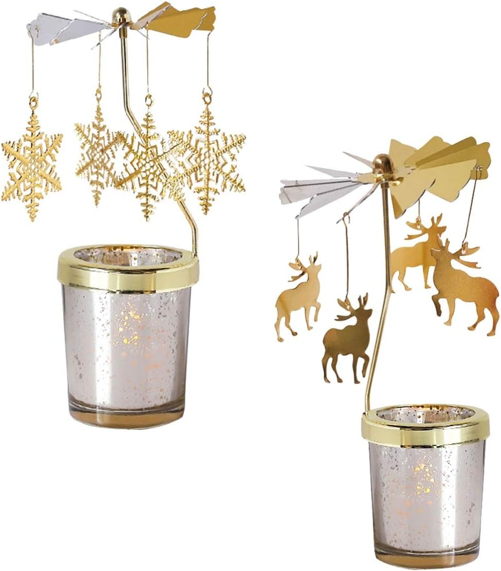 2pcs Rotating Christmas Candlestick Gold Snowflake and Fawn Holder