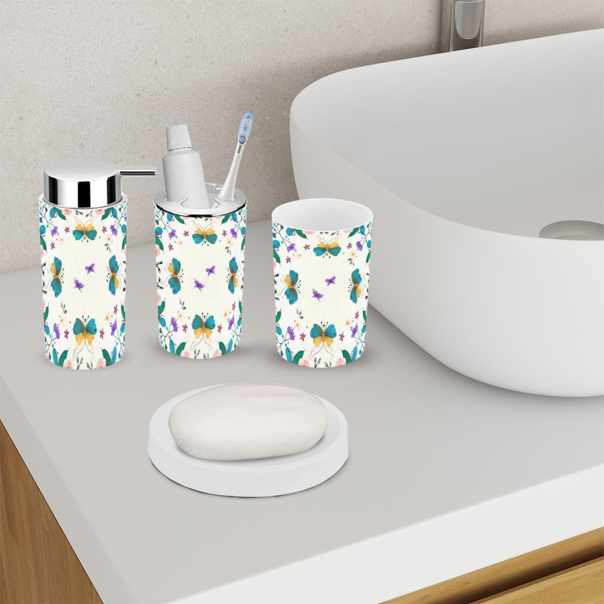 XNGJEMVWXOBathroom Accessory Set 6 Piece Purple Butterflies Brown Beetles Bath Set