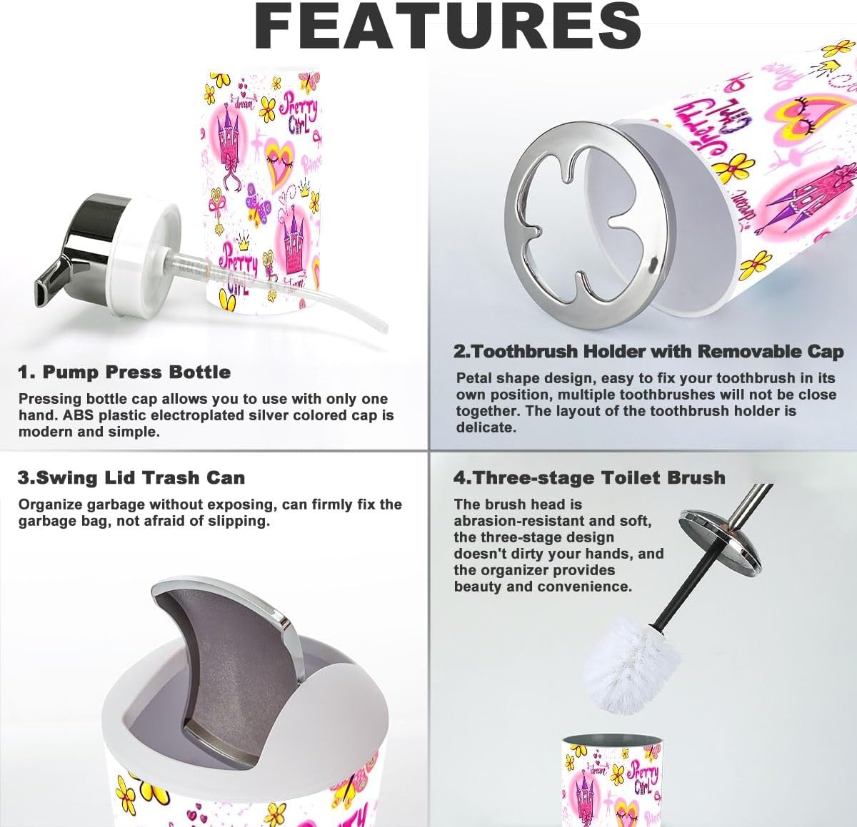 Bathroom Accessories 6 Pcs Set Childish Cartoon Repeated Design
