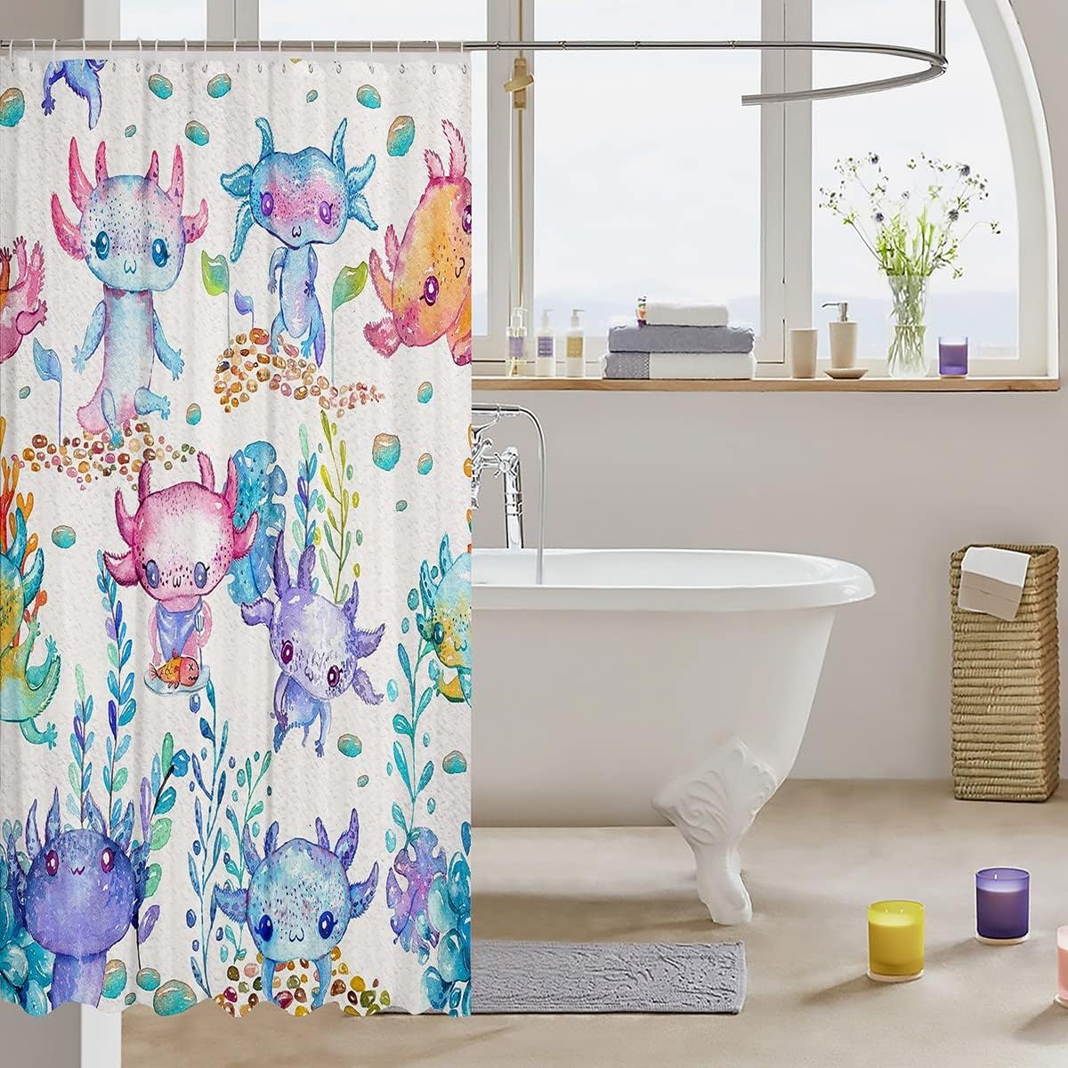 Fun Cartoon Axolotl Shower Curtain for Kids waterproof super soft