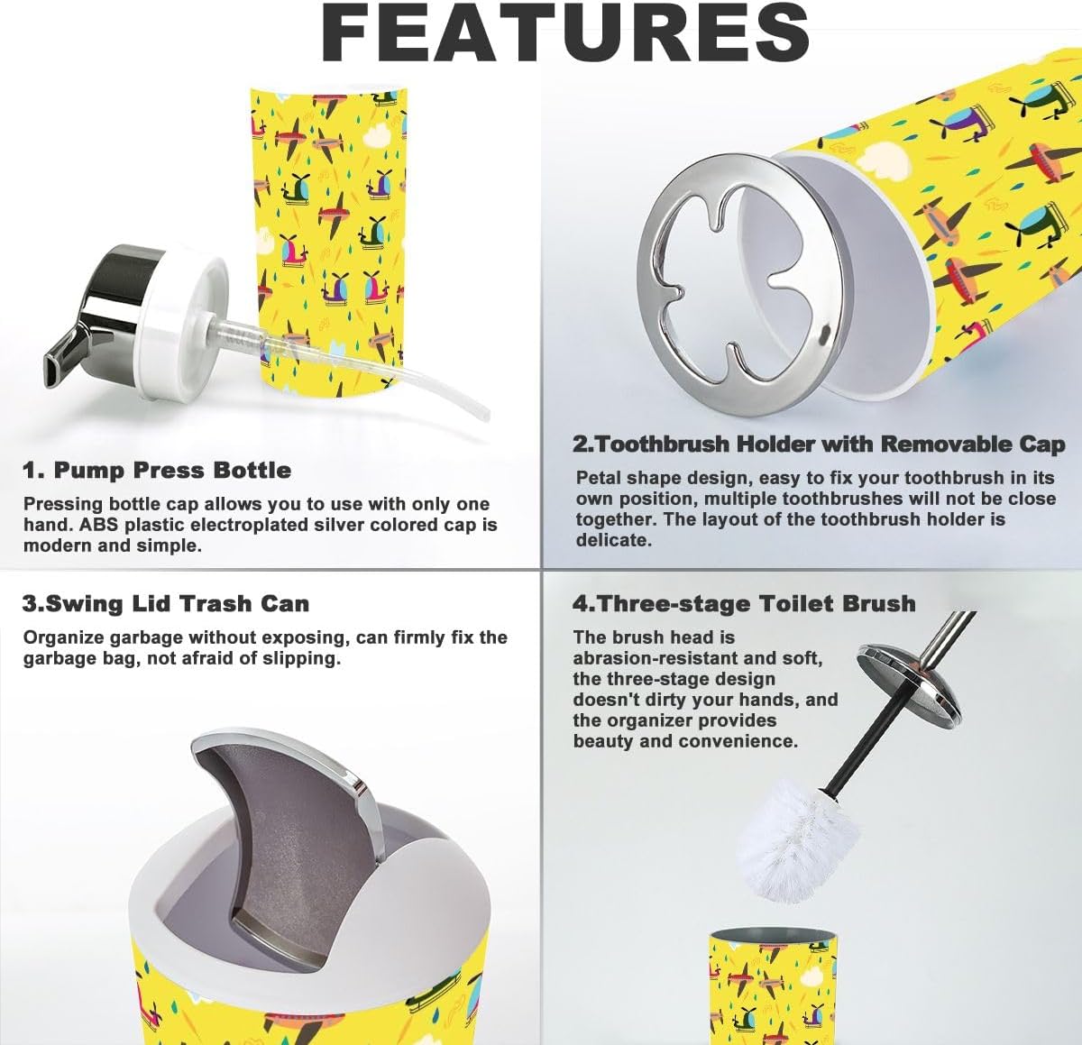 Kids Bathroom Accessory Set 6 Piece Airplanes Helicopters Vehicles Feathers Pattern