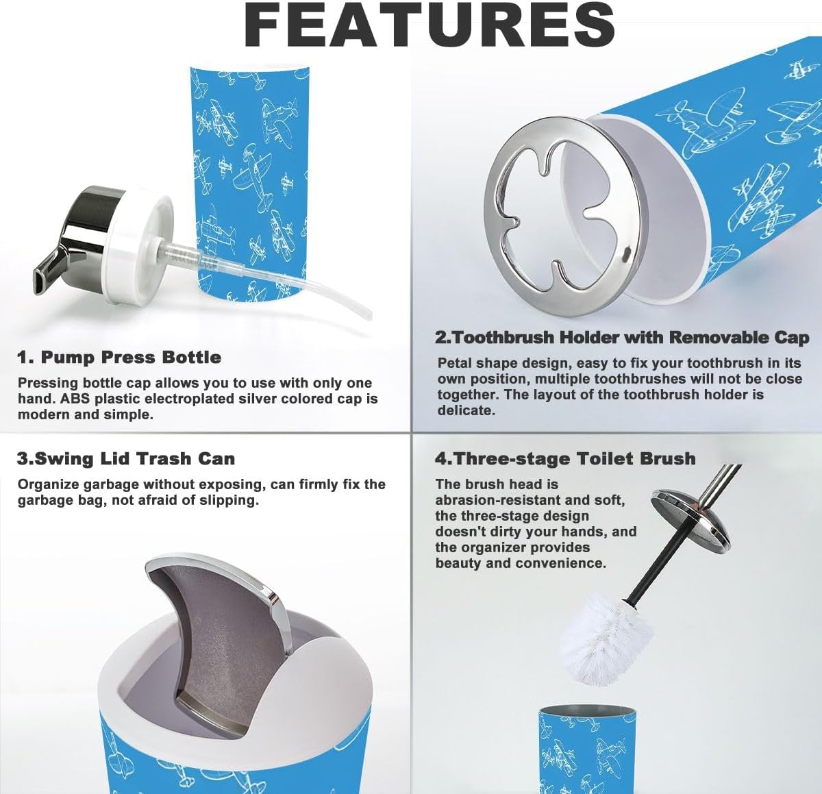 Stylish Airplane-Themed 6-Piece Bathroom Accessory Set with Durable Pvc Material
