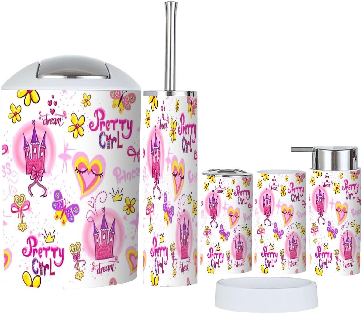 Bathroom Accessories 6 Pcs Set Childish Cartoon Repeated Design