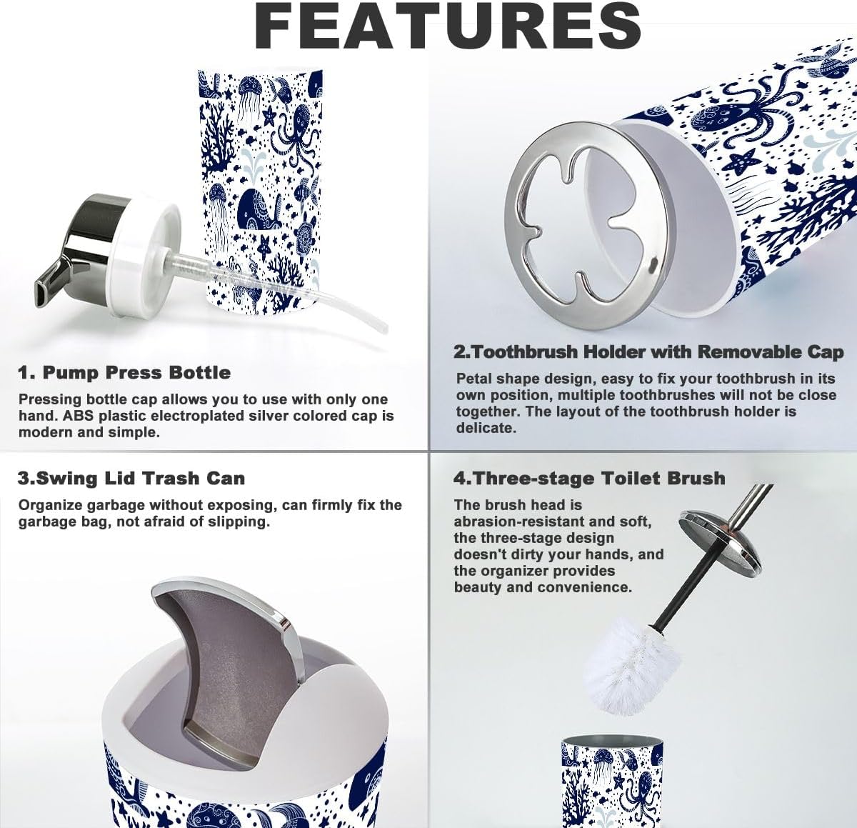6-Piece bathroom Accessories Set Underwater Animals SeamoSEQ Durable and Functional