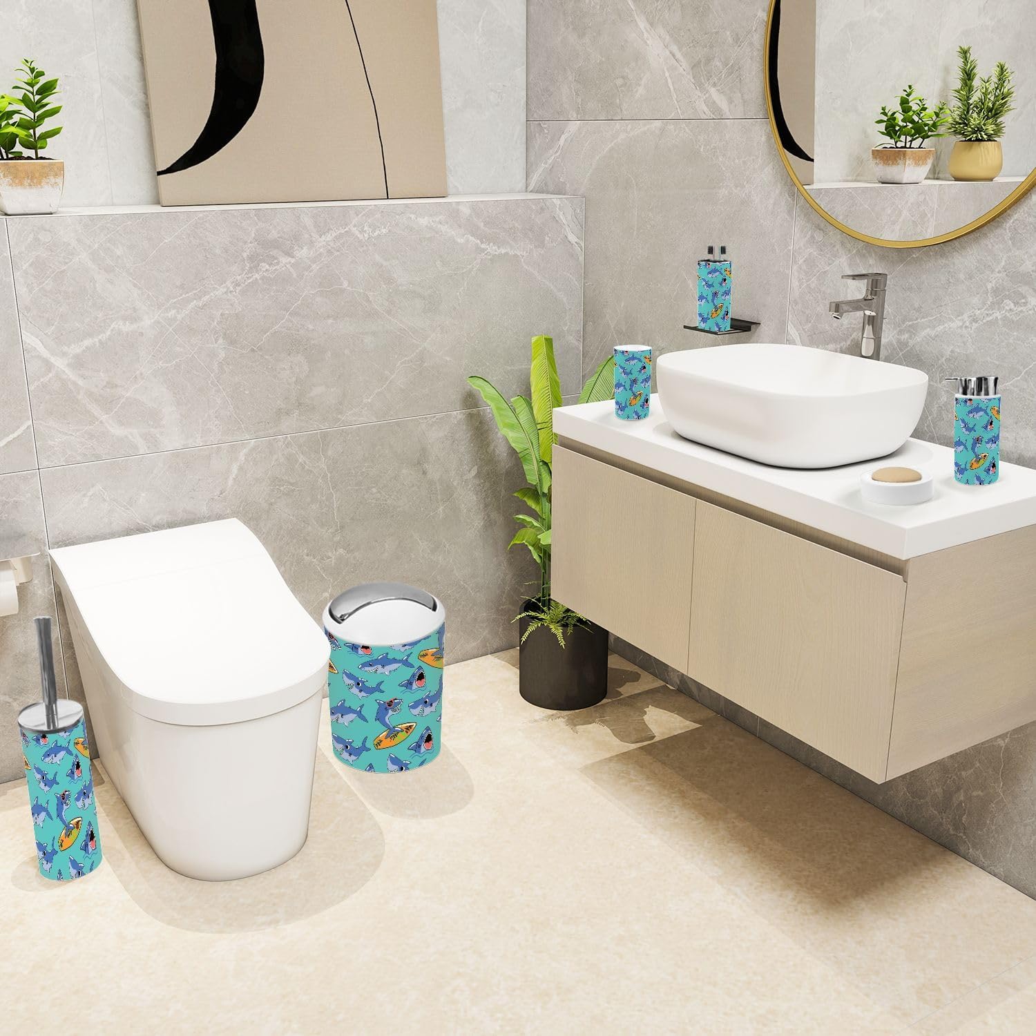 6 Piece Boho Bathroom Accessories Set with Shark Design