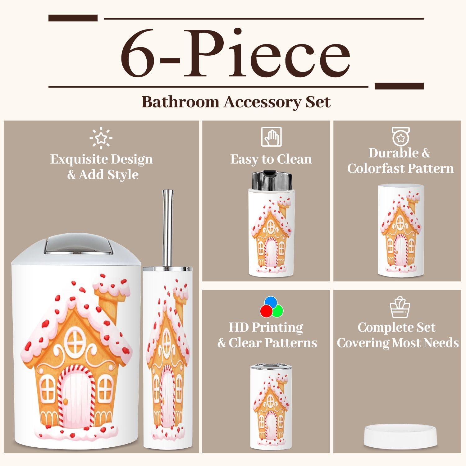 Stylish 6-Piece Bath Accessory Set Gingerbread House