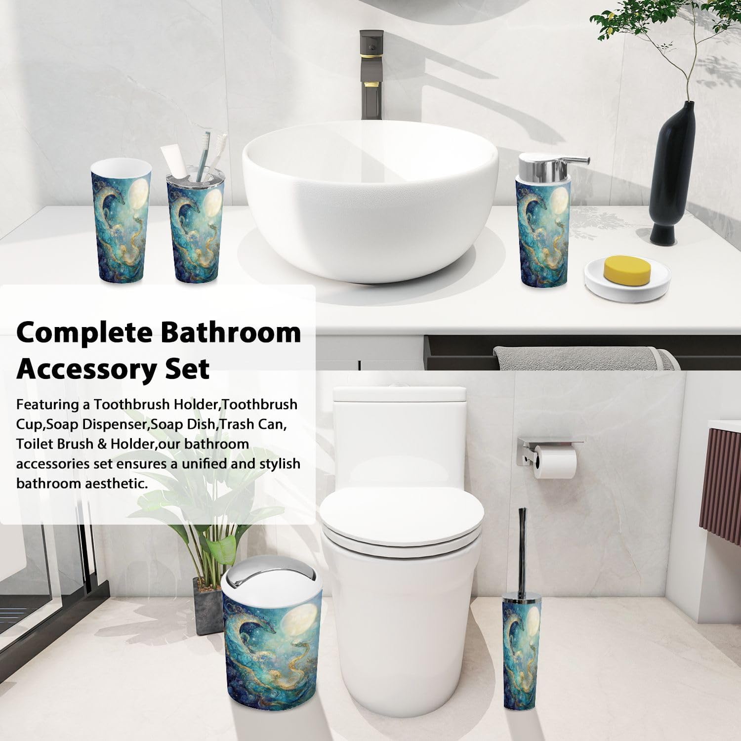 6-Piece Boho Kids Bathroom Accessory Set with Swirls