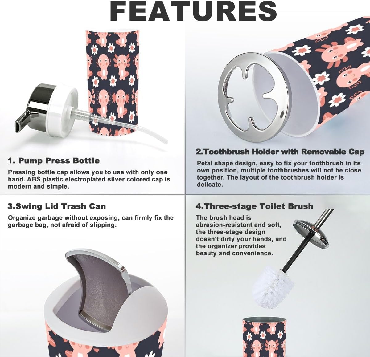 XNGJEMVWXOCompact bathroom accessory set with seamless patternaxolotls and flowers