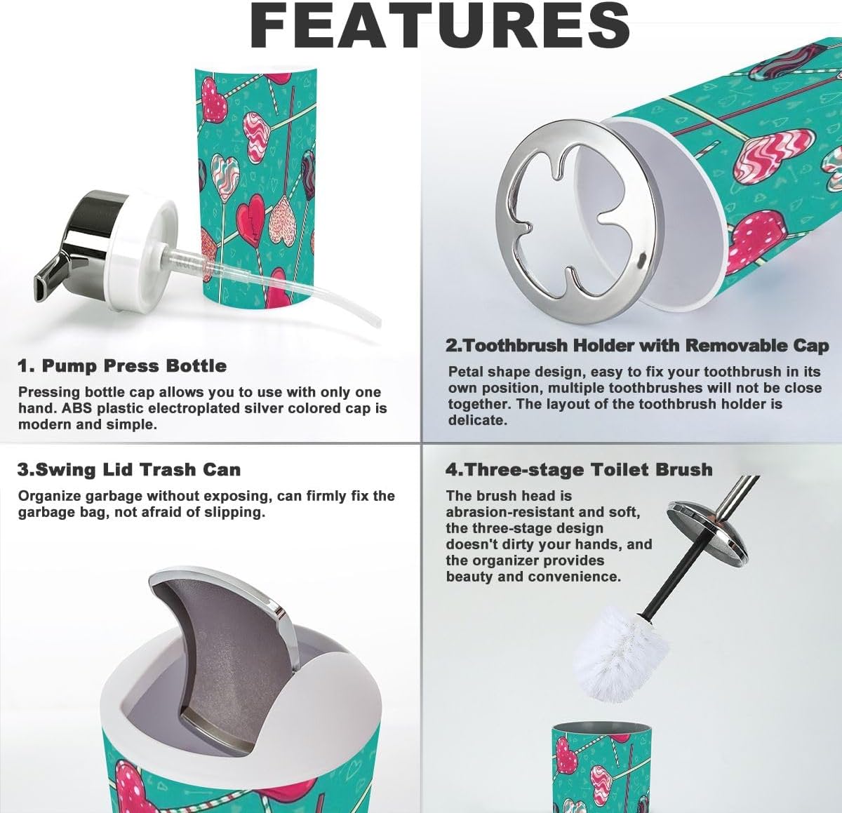 Stylish 6-Piece Organized Bath Accessories with Heart Design