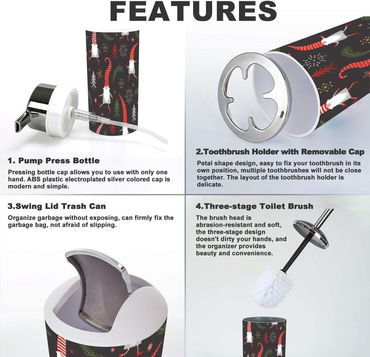 Festive 6-Piece Bathroom Accessory Set with Christmas Gnomes Red Design